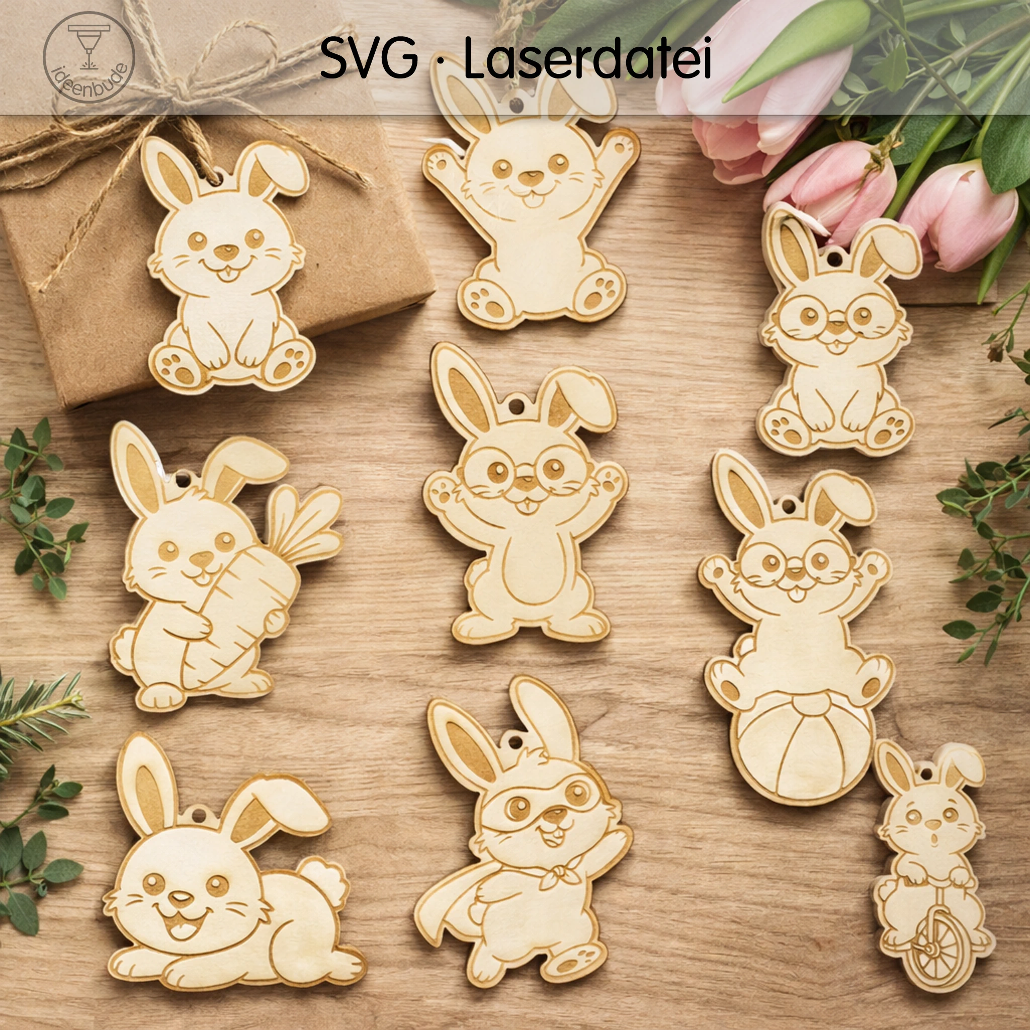 🐰 9 Hasen-Anhänger – Osterdeko - SVG Laserdatei