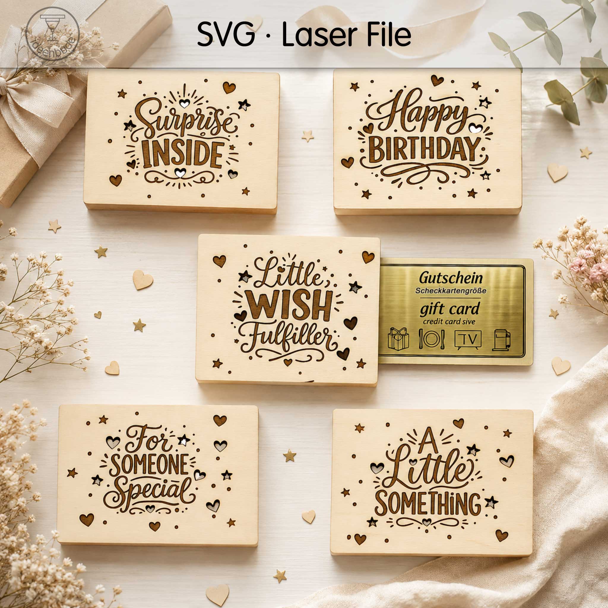 SVG Datei - Englische Sprüche | Laser Vorlage Gutscheinhalter Set (5 Designs) | Geschenkverpackung für Gutscheinkarten | Holz Laser Cut