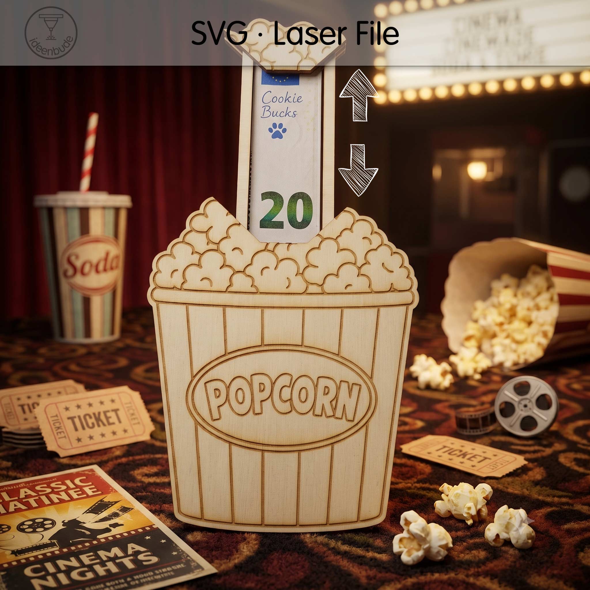 SVG Laserdatei - Popcorn Geldgeschenk | Laserdatei mit Geheimfach | Kinogutschein Verpackung | Lasercut Vorlage | Geldgeschenk aus Holz